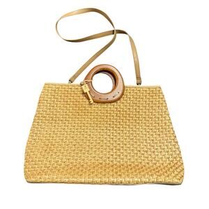Fossil 75082 Brown Woven Straw Wood Key Charm Tote Handle Bag w crossbody strap